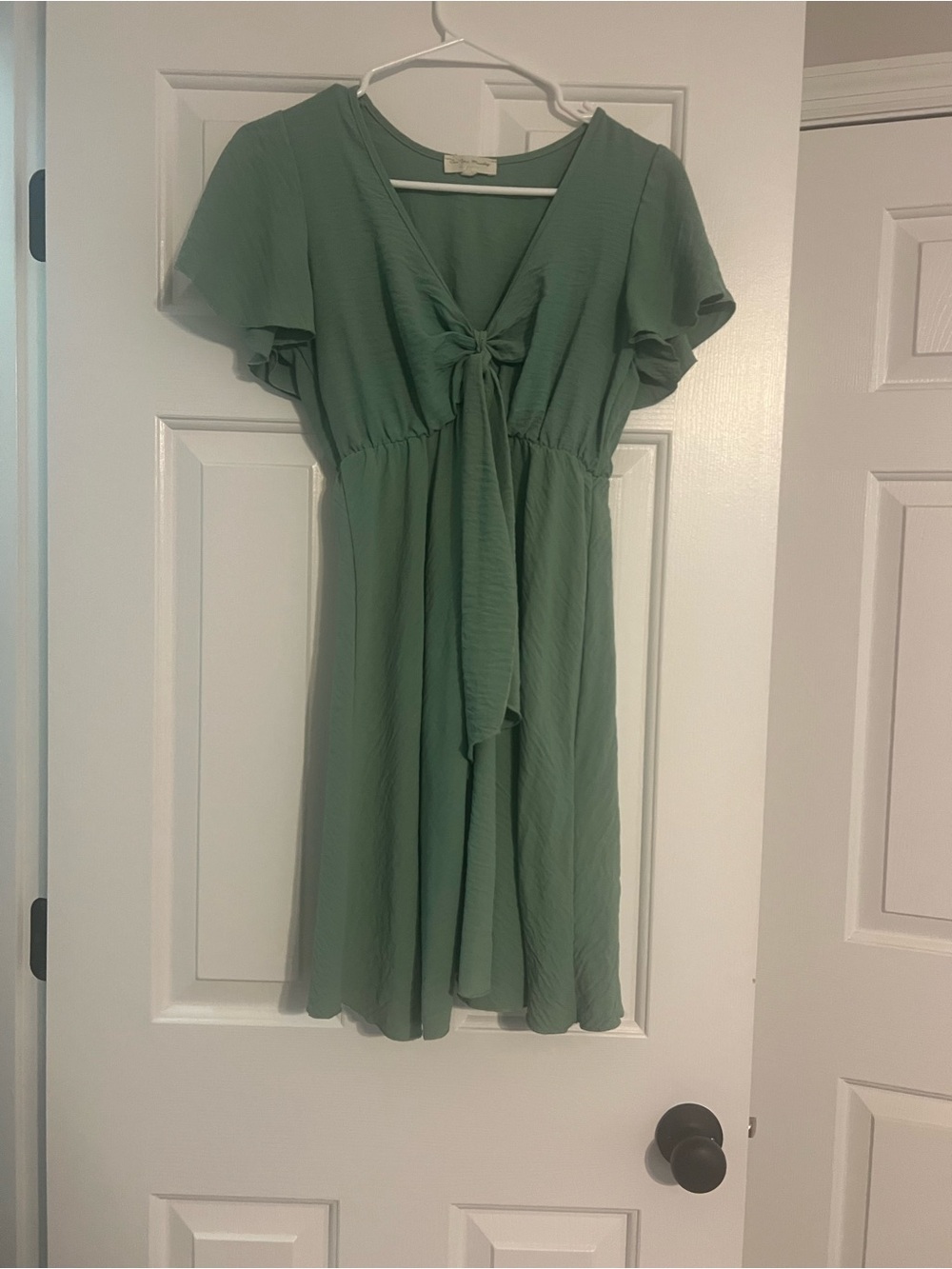 Sage Green Tie-Front Flutter Sleeve Dress